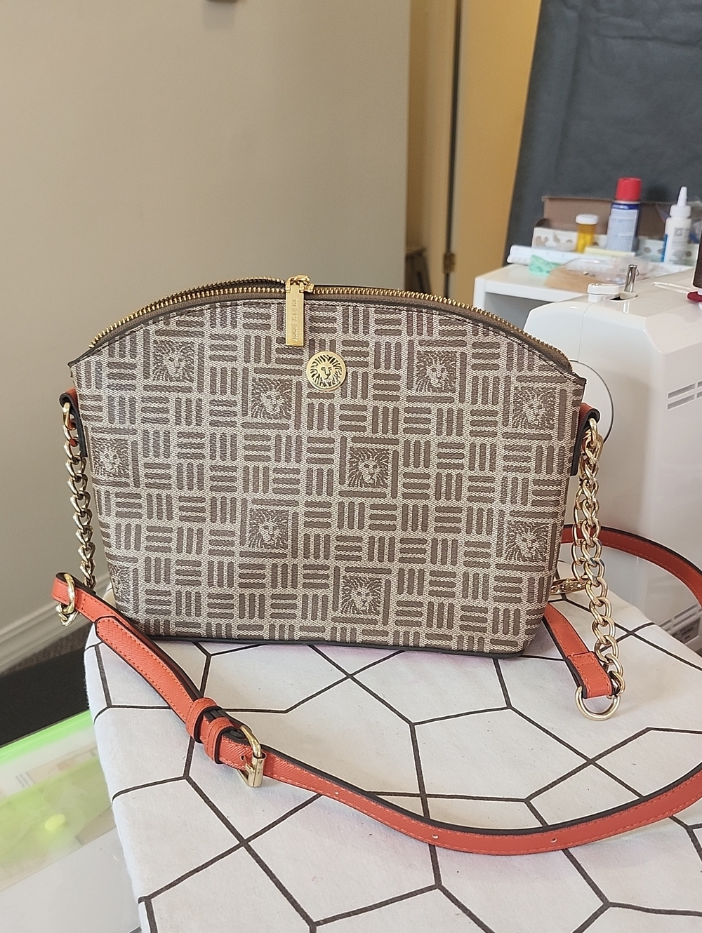 Anne Klein Beige Patterned Crossbody with Coral Strap